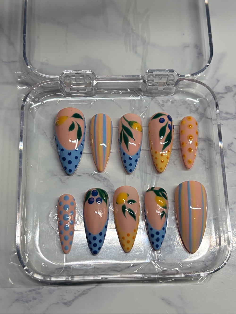 Hand-Painted Floral & Stripe Press-On Nail Set - Pink, Blue, Yellow
